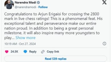 Photo of प्रधानमंत्री श्री नरेन्द्र मोदी ने लाइव शतरंज रेटिंग में 2800 का आंकड़ा पार करने पर अर्जुन एरिगैसी को बधाई दी