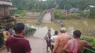 Photo of पत्थरों से लदी एक लॉरी लोहे के पुल को तोड़ते हुए नदी में जा गिरी