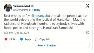 Photo of प्रधानमंत्री ने बेंजामिन नेतन्याहू को हनुक्काह की शुभकामनाएं दीं